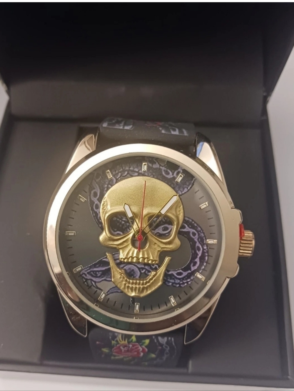 Ed Hardy Unisex Black Strap Watch with Gold Skull Dial-New